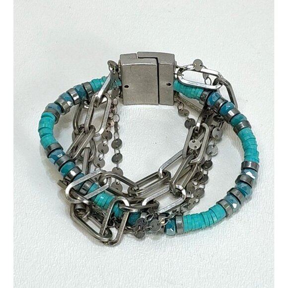 Turquoise & Silver Colored Bracelet Multi-Strand Magnetic Clasp Not Sterling - Picture 4 of 5
